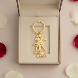 Personalized couple name keychain presented inside premium gift box