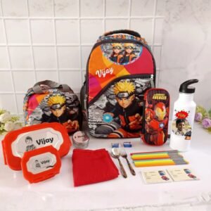 Anime Naruto themed personalized school bag set with Avengers pencil case, lunch box, bottle and school supplies