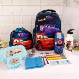 Blue Cars themed personalized kids school backpack set with Lightning McQueen design, lunch box, pencil case and bottle