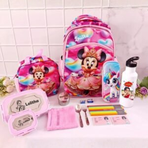 Minnie Mouse themed personalized pink school backpack set for girls with unicorn pencil case, lunch box and water bottle