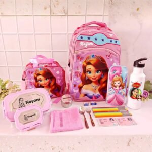 Personalized pink princess school backpack set for girls with lunch box, pencil case, water bottle and accessories