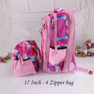 Pink 17-inch kids school backpack with multicolor heart print and 4 zip compartments, shown with matching mini bag