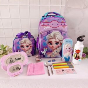 Purple Frozen Elsa themed personalized school bag set for girls with lunch box, pencil pouch, water bottle and stationery