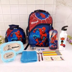 Spider-Man themed personalized school backpack set for boys with lunch box, pencil pouch, water bottle and accessories