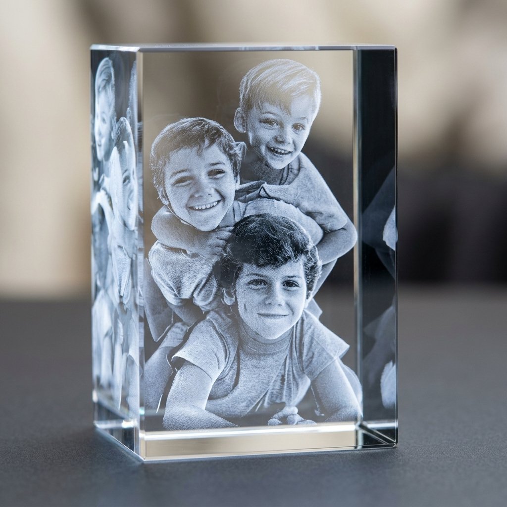 3D Engraved Crystal Photo Keepsake with LED Base — close-up detail view showing personalisation and craftsmanship