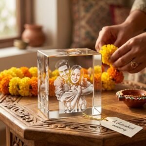 3D Engraved Personalized Square Shape 5*5*5 Crystal — lifestyle photo in real gifting setting