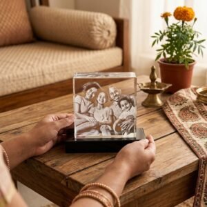 3D Engraved Personalized Square Shape 8*8*8 Crystal — lifestyle photo in real gifting setting