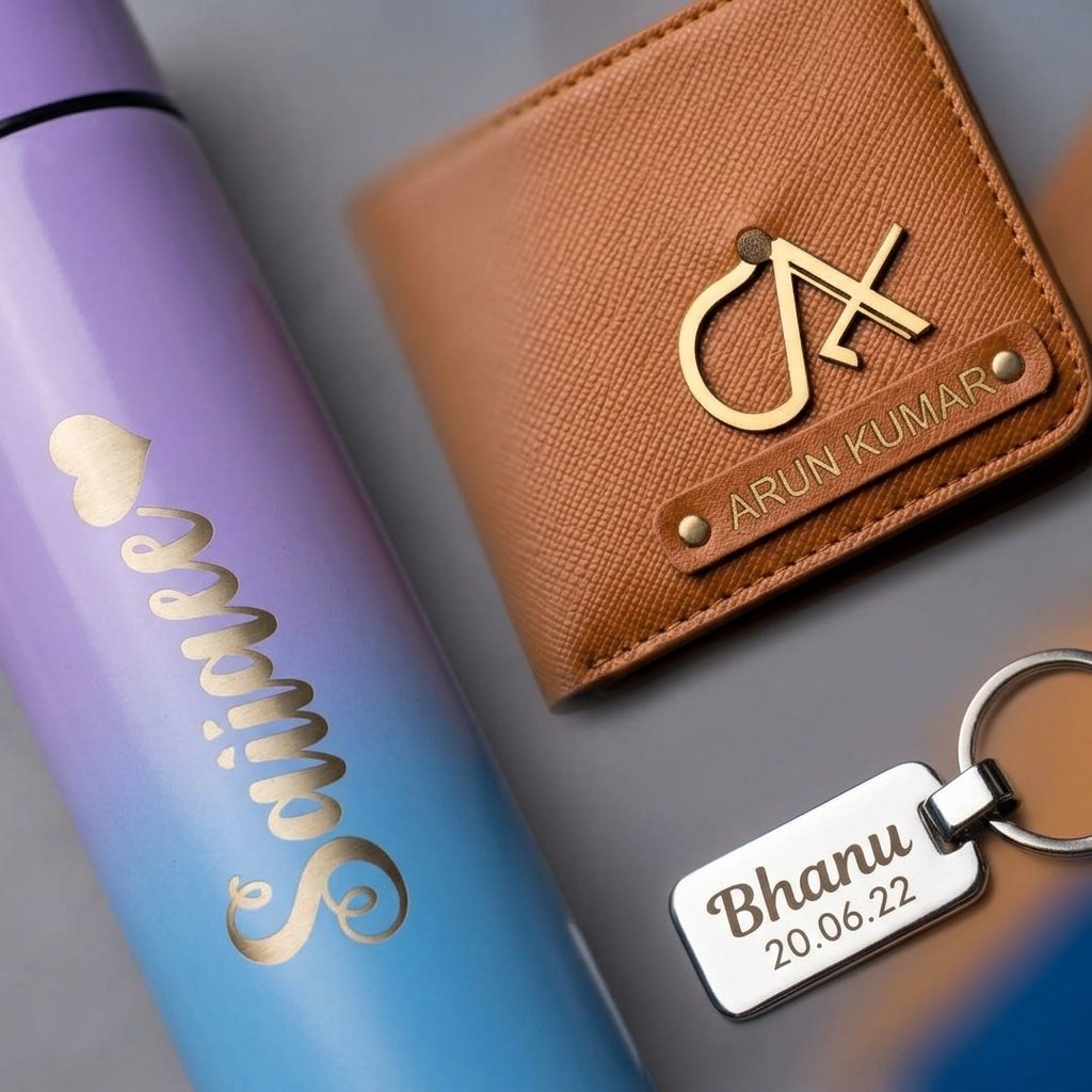 Best Birthday Gift Hamper for Husband with Temperature Bottle — close-up detail view showing personalisation and craftsmanship