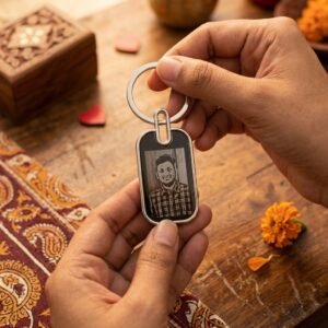Buy Personalized Picture Engraved Keychain — lifestyle photo in real gifting setting