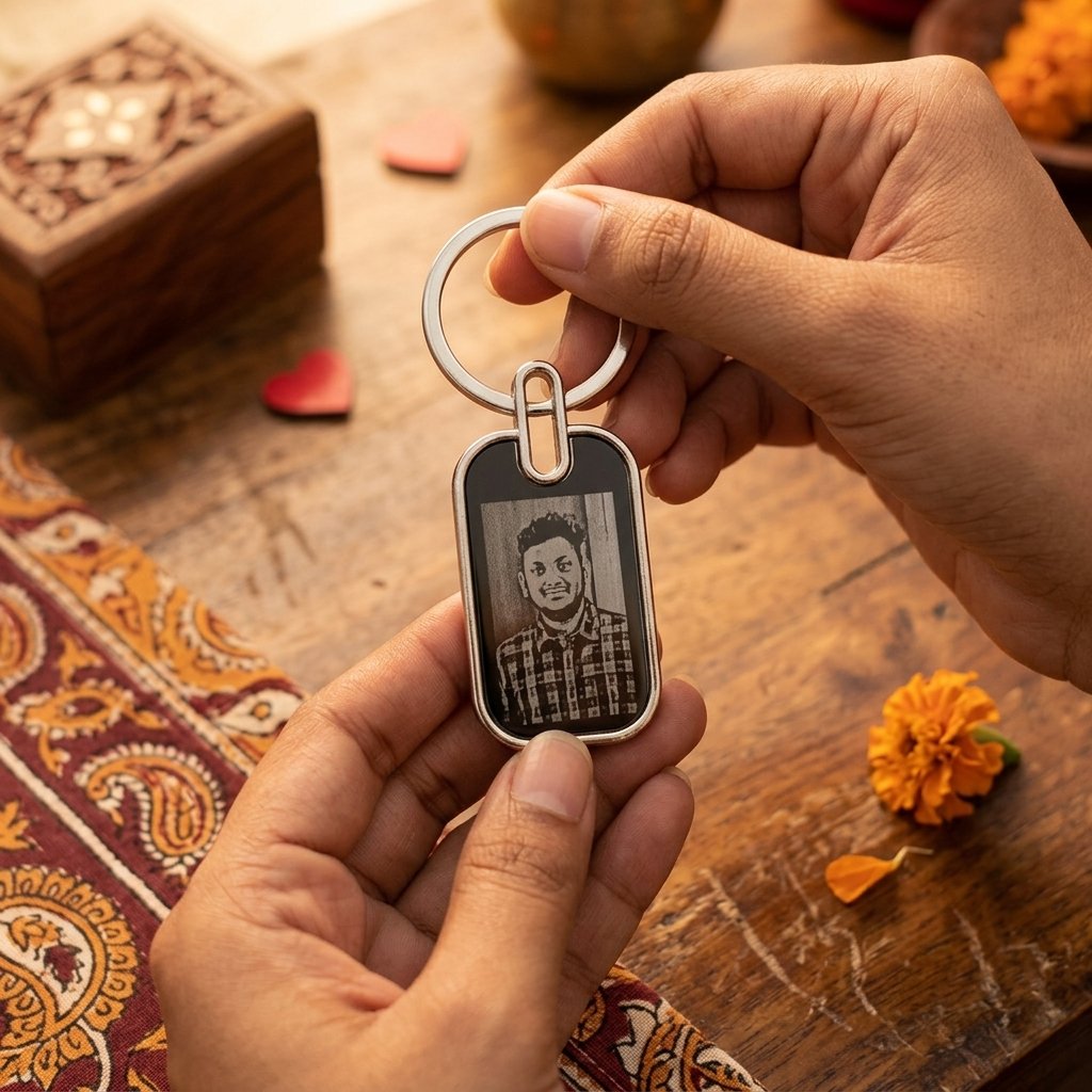 Buy Personalized Picture Engraved Keychain — lifestyle photo in real gifting setting