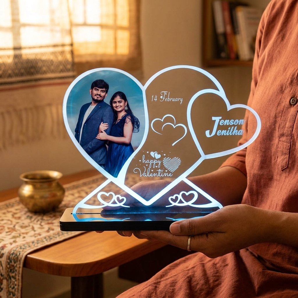 Custom Acrylic Heart Shape LED Lamp — lifestyle photo in real gifting setting