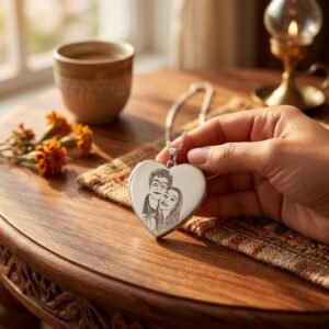 Custom Couple Picture Engraved Love Shape Locket Necklace — lifestyle photo in real gifting setting