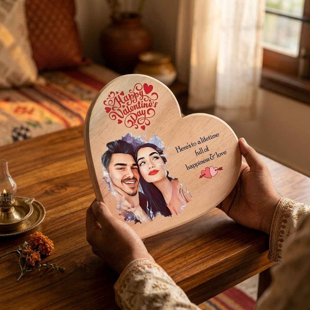 Custom Couple Portrait Wooden Heart Plaque — lifestyle photo in real gifting setting