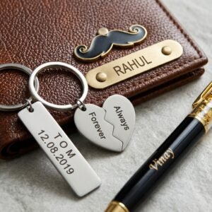 Custom Men's Leather Wallet, Pen & Keychain Set — close-up detail view showing personalisation and craftsmanship