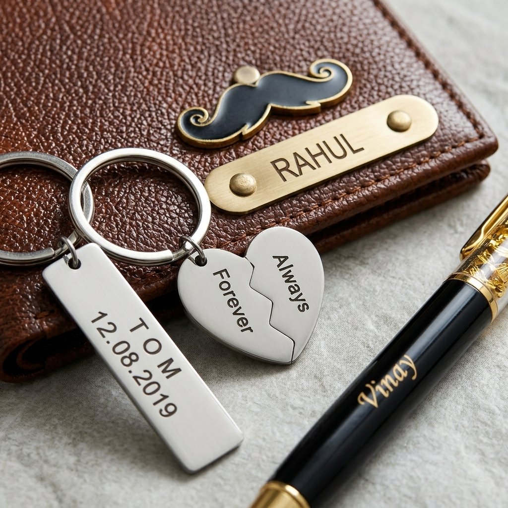 Custom Men's Leather Wallet, Pen & Keychain Set — close-up detail view showing personalisation and craftsmanship