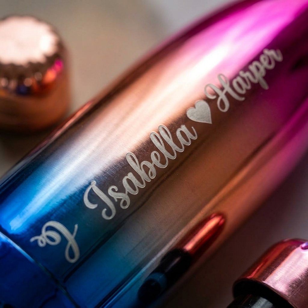 Personalized Rainbow Steel Water Bottle 500ml — close-up detail view showing personalisation and craftsmanship