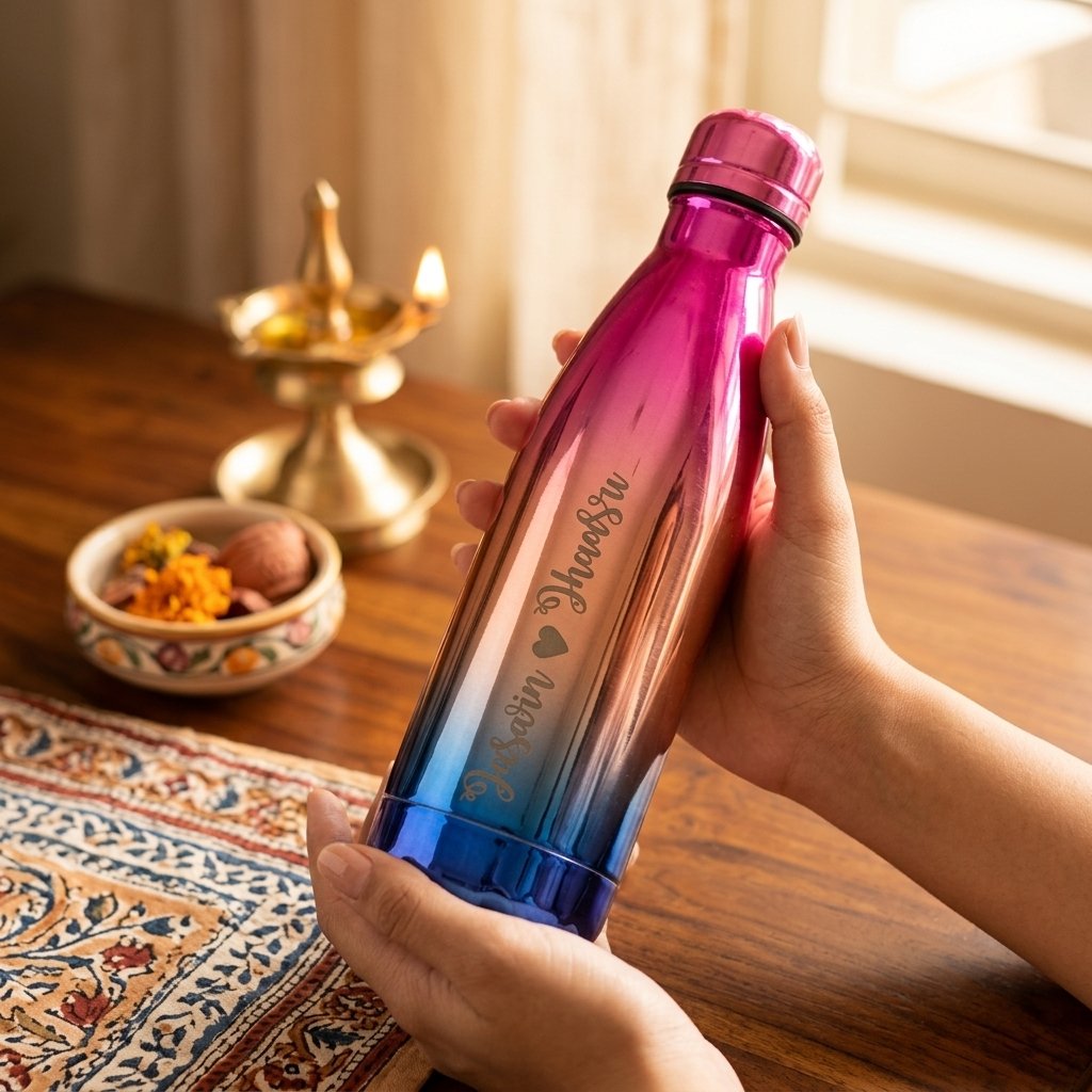 Personalized Rainbow Steel Water Bottle 500ml — lifestyle photo in real gifting setting