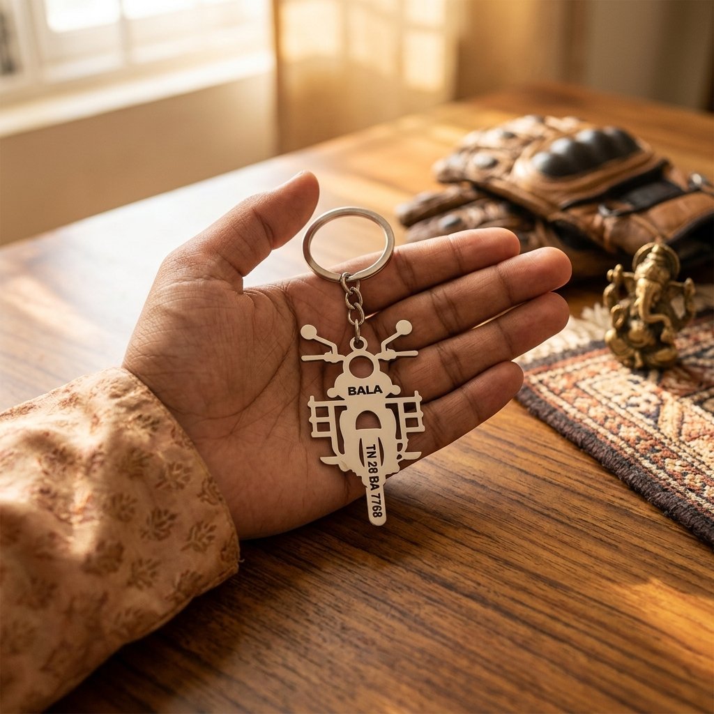 Custom Royal Enfield Keychain — lifestyle photo in real gifting setting