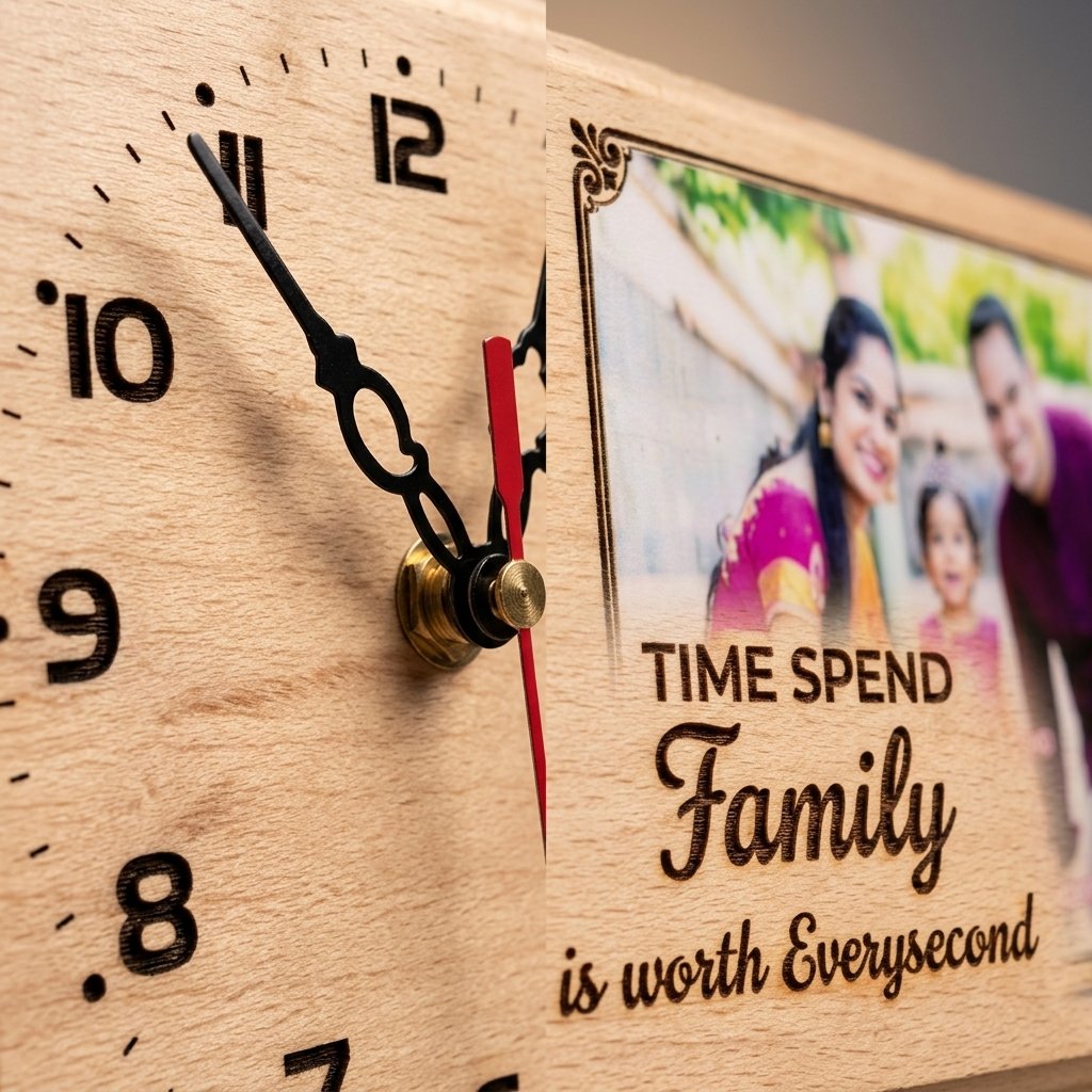 Customizable Family Photo Wooden Clock — close-up detail view showing personalisation and craftsmanship