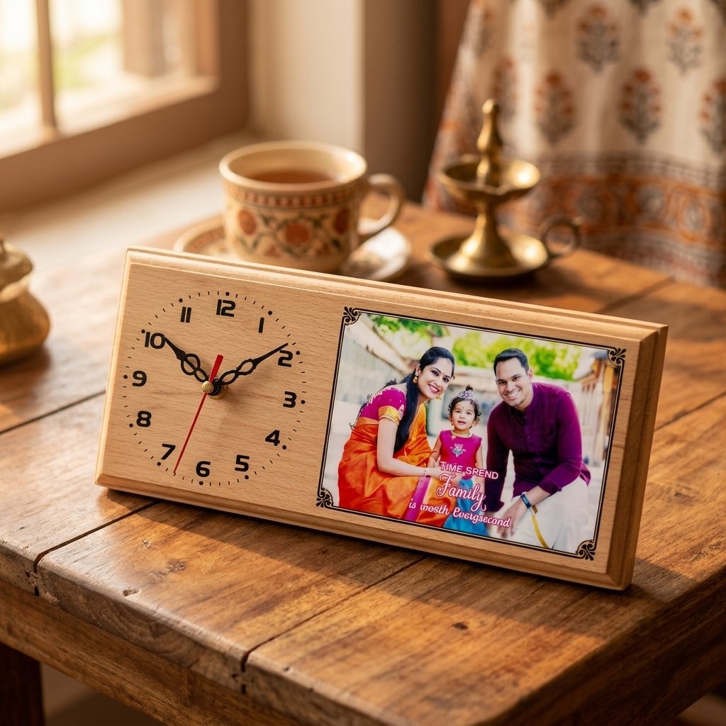 Customizable Family Photo Wooden Clock — lifestyle photo in real gifting setting