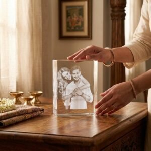 Customized 3D engraved crystal with couple's picture perfect gift — lifestyle photo in real gifting setting
