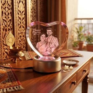 3D Engraved Heart Crystal with Custom Photo & LED Base — lifestyle photo in real gifting setting