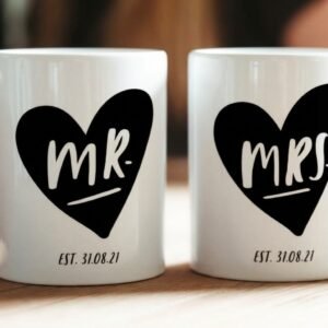 Customized Couple Coffee Mugs with Name and Date — close-up detail view showing personalisation and craftsmanship