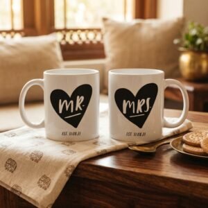 Customized Couple Coffee Mugs with Name and Date — lifestyle photo in real gifting setting