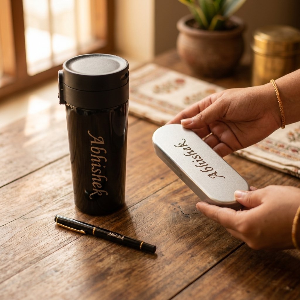 Customized Sipper and Pen With Box Combo — lifestyle photo in real gifting setting