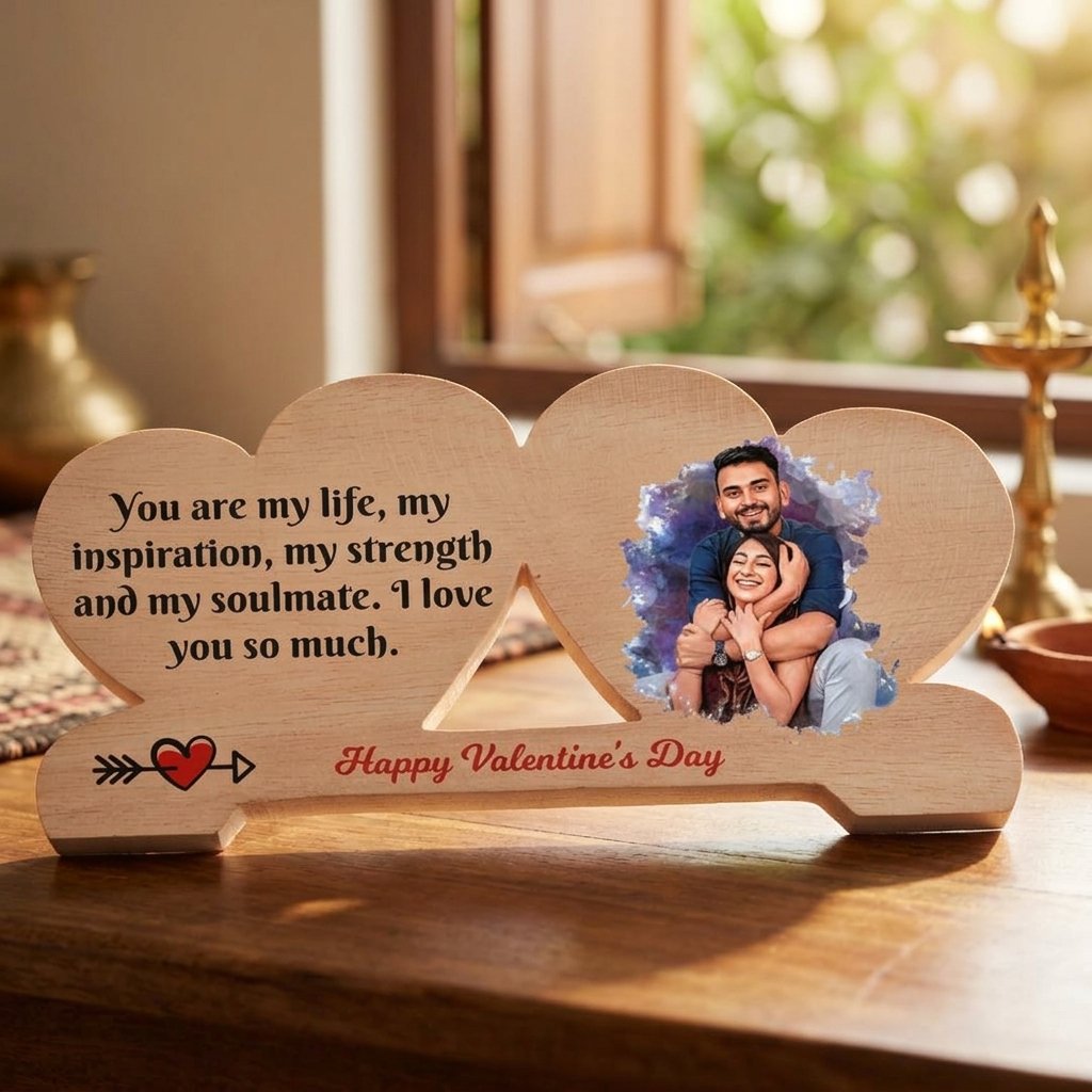 Double Heart Color Printed Wooden Frame — lifestyle photo in real gifting setting