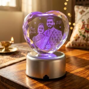 Heart Shape 3D Engraved Crystal Best Wedding Gift — lifestyle photo in real gifting setting