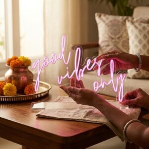 Good Vibes Only Neon Light — lifestyle photo in real gifting setting