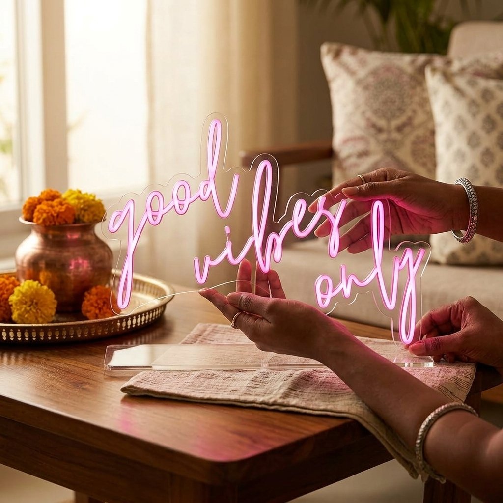 Good Vibes Only Neon Light — lifestyle photo in real gifting setting