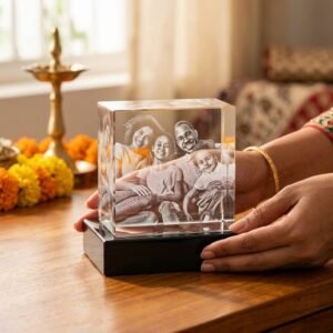 Personalized 3D Crystal with Engraved Family Photo for Anniversary or Birthday — lifestyle photo in real gifting setting