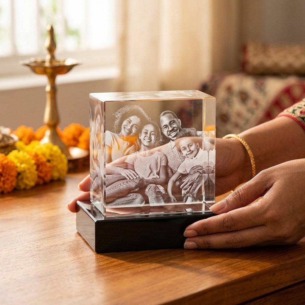 Personalized 3D Crystal with Engraved Family Photo for Anniversary or Birthday — lifestyle photo in real gifting setting