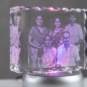 Personalized 3D Engraved Crystal with Light Base for Family — close-up detail view showing personalisation and craftsmanship