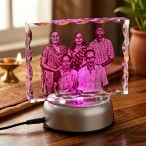 Personalized 3D Engraved Crystal with Light Base for Family — lifestyle photo in real gifting setting