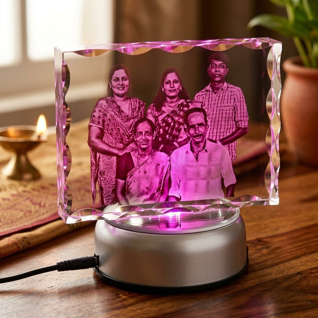Personalized 3D Engraved Crystal with Light Base for Family — lifestyle photo in real gifting setting