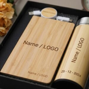 Personalized Bamboo diary, bottle combo gift for employees — close-up detail view showing personalisation and craftsmanship
