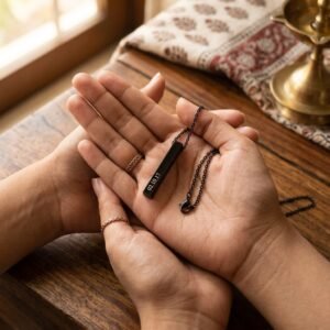 Personalized Black Engraved Bar Necklace — lifestyle photo in real gifting setting