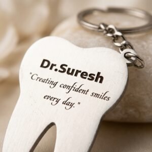 Personalized Dentist Tooth Metal Keychain — close-up detail view showing personalisation and craftsmanship
