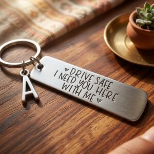 Personalized Drive Safe keychain with Letter — lifestyle photo in real gifting setting