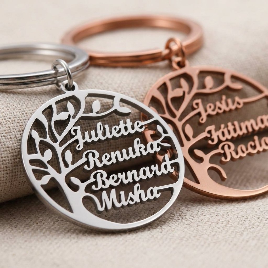 Personalized Family Tree Keychain with 4 Names — close-up detail view showing personalisation and craftsmanship