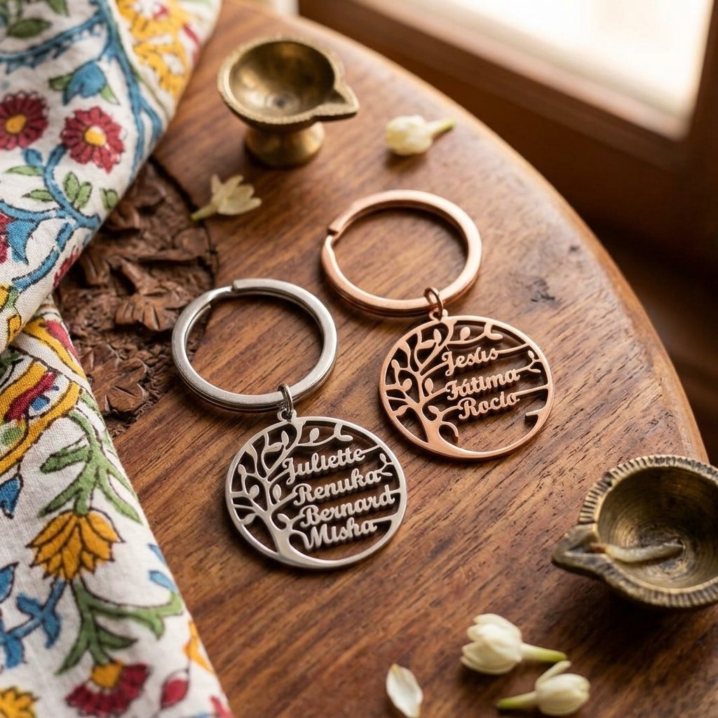 Personalized Family Tree Keychain with 4 Names — lifestyle photo in real gifting setting
