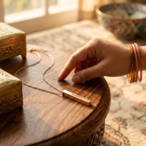 Personalized Gold Plated Bar Necklace — lifestyle photo in real gifting setting
