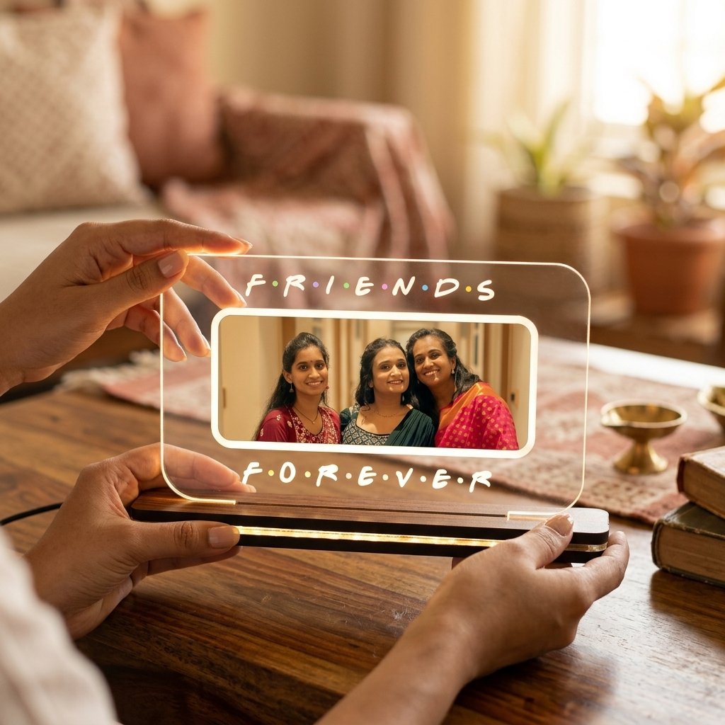 Personalized LED Acrylic Lamp with Friends' Picture — lifestyle photo in real gifting setting