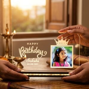 Personalized LED Acrylic Lamp with Kid's Picture — lifestyle photo in real gifting setting