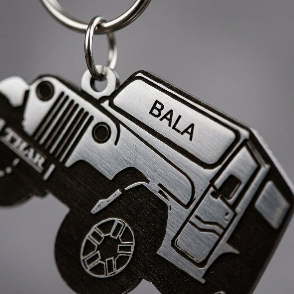 Personalized Mahindra Thar Stainless Steel Keychain — close-up detail view showing personalisation and craftsmanship