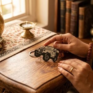 Personalized Mahindra Thar Stainless Steel Keychain — lifestyle photo in real gifting setting