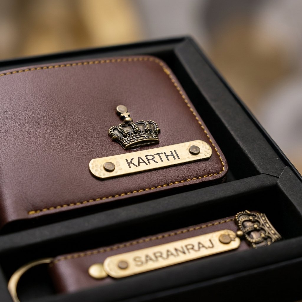 Personalized Men's Wallet and Keychain Combo — close-up detail view showing personalisation and craftsmanship